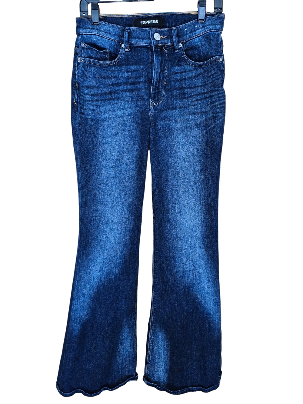 Express Bell Flare High Rise Stretch Jeans Size 4R Dark Wash Flare Denim